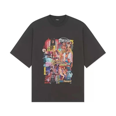 WE11DONE SS22 Movie Character Print Unisex Classic Grey T-shirt. WD-TP7-20-097-U-CH