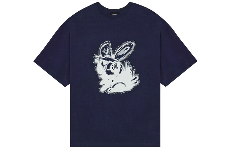 WE11DONE SS22 Rabbit Graphic Unisex Navy Blue Short Sleeve T-Shirt. WD-TT1-22-689-U-NV
