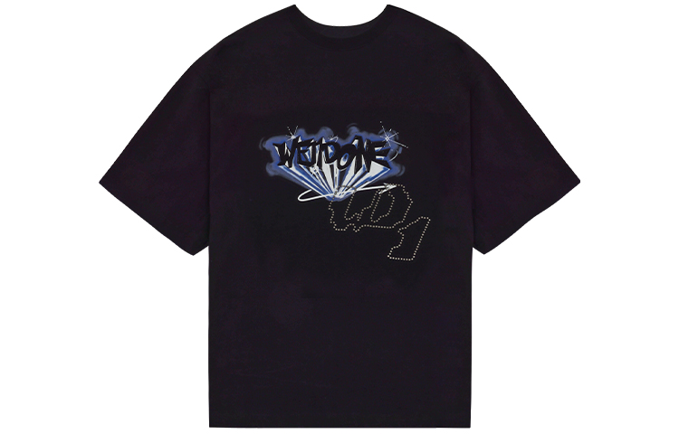 WE11DONE SS22 Rhinestone Logo Graphic Unisex Black Tee WD-TT1-22-692-U-BK