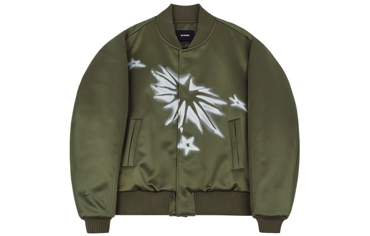 WE11DONE SS22 Star Print Satin Reflective Bomber Jacket Unisex Army Green WD-JK1-22-066-U-KK