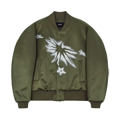 WE11DONE SS22 Star Print Satin Reflective Bomber Jacket Unisex Army Green WD-JK1-22-066-U-KK