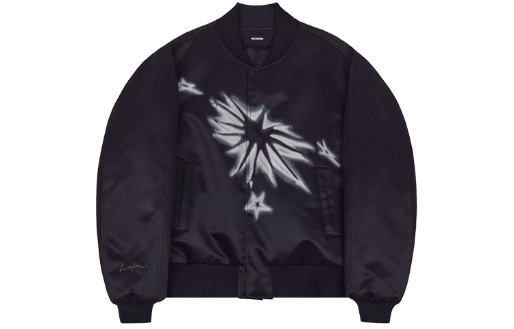 WE11DONE SS22 Star Spray Satin Reflective Bomber Jacket Unisex Black WD-JK1-22-066-U-BK
