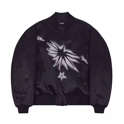 WE11DONE SS22 Star Spray Satin Reflective Bomber Jacket Unisex Black WD-JK1-22-066-U-BK