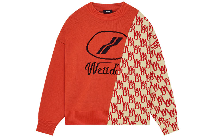 WE11DONE SS22 Unisex Asymmetrical Knit Sweatshirt Orange with Logo Patchwork. WD-KT1-22-638-U-OR