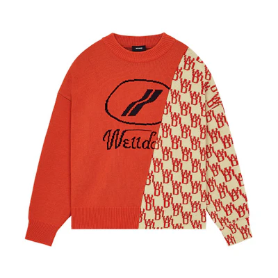WE11DONE SS22 Unisex Asymmetrical Knit Sweatshirt Orange with Logo Patchwork. WD-KT1-22-638-U-OR