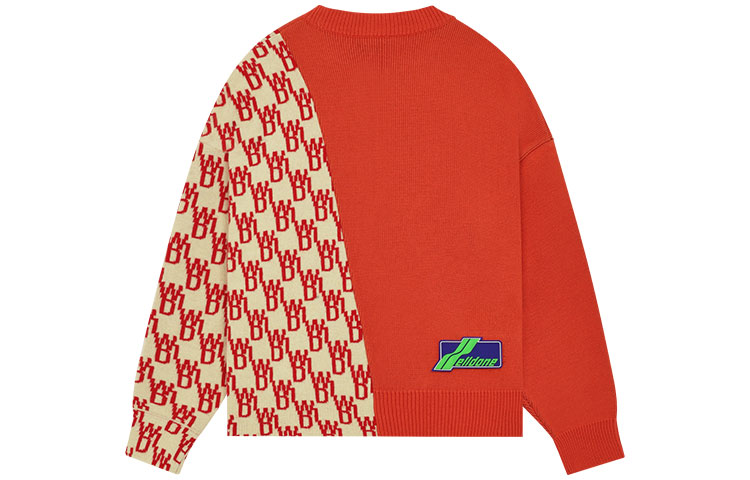 Lookbook 위런던 SS22 유니섹스 비대칭 니트 스웨트셔츠 오렌지 로고 패치워크. WD-KT1-22-638-U-OR