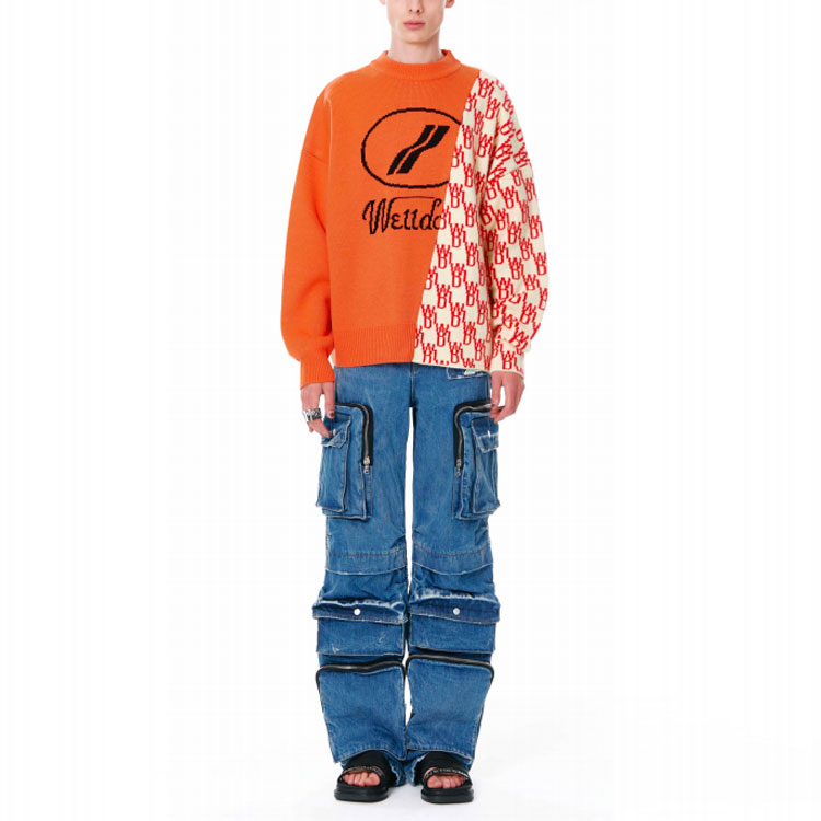 Shop 위런던 SS22 유니섹스 비대칭 니트 스웨트셔츠 오렌지 로고 패치워크. WD-KT1-22-638-U-OR