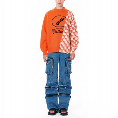 위런던 SS22 유니섹스 비대칭 니트 스웨트셔츠 오렌지 로고 패치워크. WD-KT1-22-638-U-OR Shop 위런던 SS22 유니섹스 비대칭 니트 스웨트셔츠 오렌지 로고 패치워크. WD-KT1-22-638-U-OR