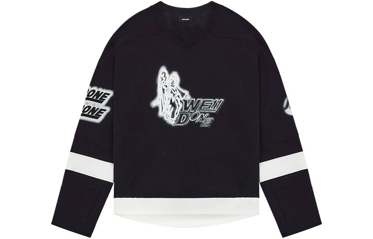 WE11DONE SS22 Unisex Black Long Sleeve Logo Printed Soccer Jersey Tee WD-TT1-22-536-U-BK