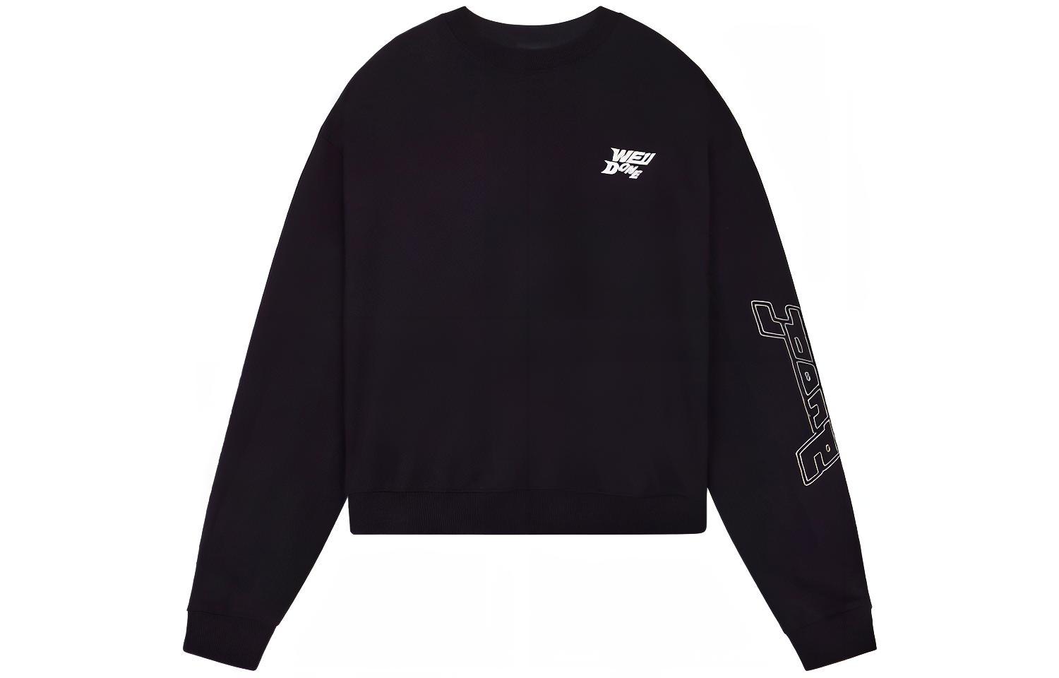 WE11DONE SS22 Unisex Black Sweatshirt with Chest Logo and Sleeve Label. WD-TS1-22-699-U-BK