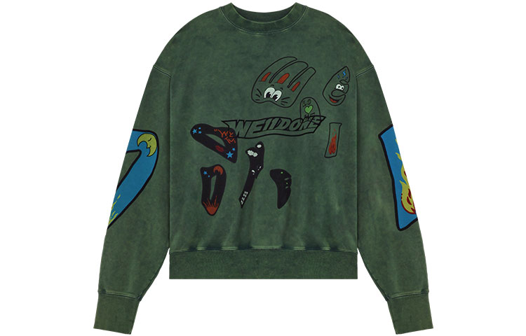 WE11DONE SS22 Washed Green Logo Cartoon Print Crewneck Sweatshirt Unisex WD-TS1-22-636-U-GR