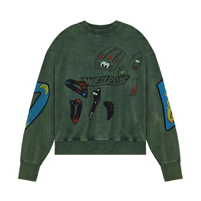 WE11DONE SS22 Washed Green Logo Cartoon Print Crewneck Sweatshirt Unisex WD-TS1-22-636-U-GR