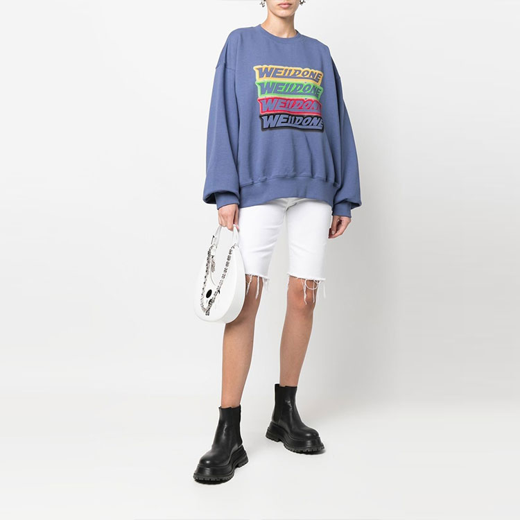 Shop WE11DONE SS22 Washed Navy Logo Sweatshirt Unisex Couple Style. WD-TS1-22-651-U-NV