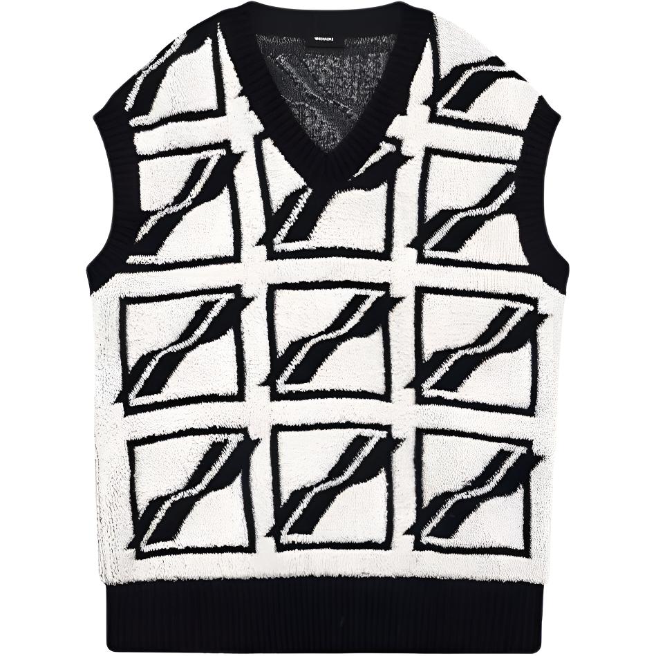 WE11DONE SS22 White Geometric Logo Knit V-Neck Vest Unisex WD-KV1-22-652-U-IV