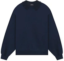 WE11DONE SS23 Navy Blue Pleated Collar Long Sleeve Pullover Unisex Sweatshirt WD-TS1-23-857-U-NV WE11DONE SS23 Navy Blue Pleated Collar Long Sleeve Pullover Unisex Sweatshirt WD-TS1-23-857-U-NV
