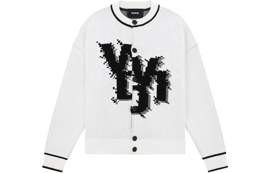 WE11DONE SS23 Unisex White Knit Cardigan with Letter Pattern. WD-KC1-23-605-U-WH