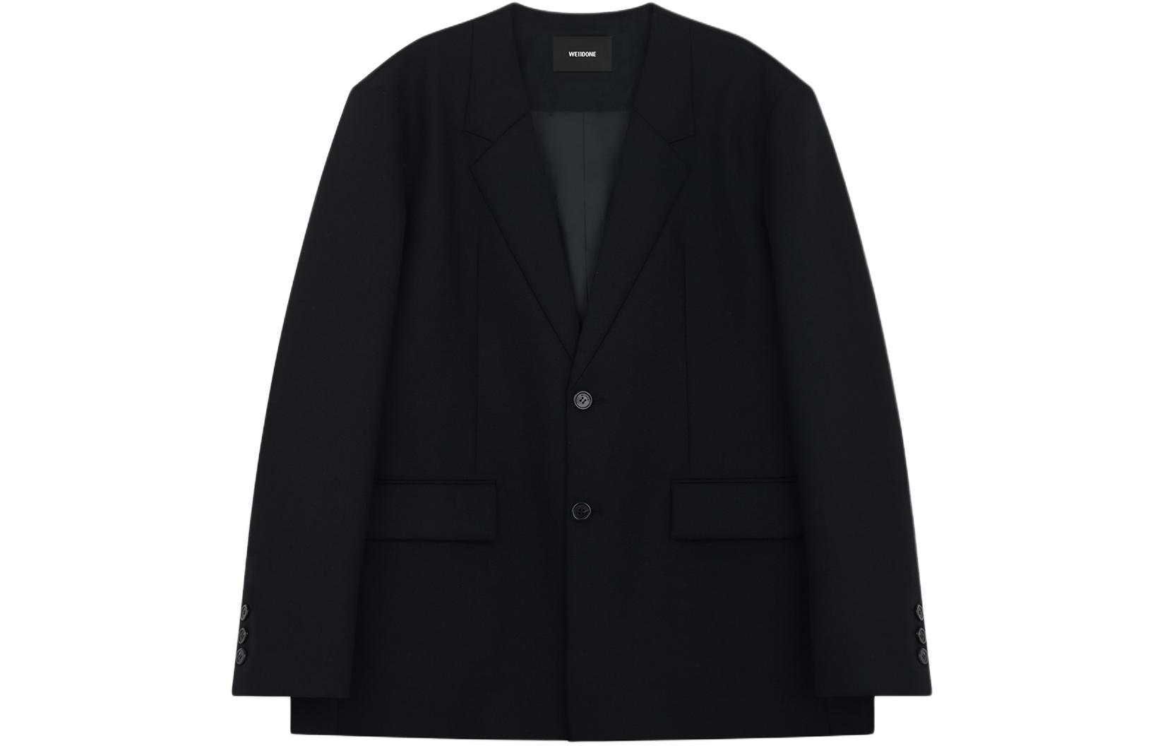 WE11DONE SS24  Black Single-Breasted Collarless Blazer with Back Logo. WD-JK0-24-063-M-BK