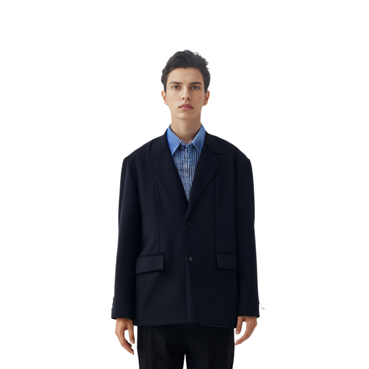 Sizing WE11DONE SS24 블랙 로고 백 디테일 노카라 싱글 브레스티드 블레이저. WD-JK0-24-063-M-BK