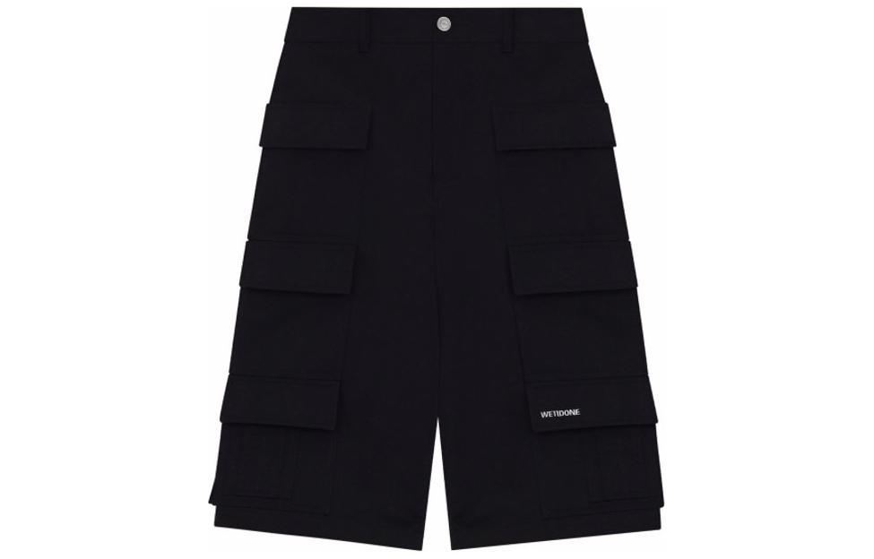 WE11DONE SS24  Black Utility Shorts with Letter Logo and Large Pockets. WD-PT1-24-218-M-BK