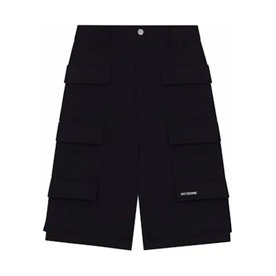 WE11DONE SS24 Black Utility Shorts with Letter Logo and Large Pockets. WD-PT1-24-218-M-BK