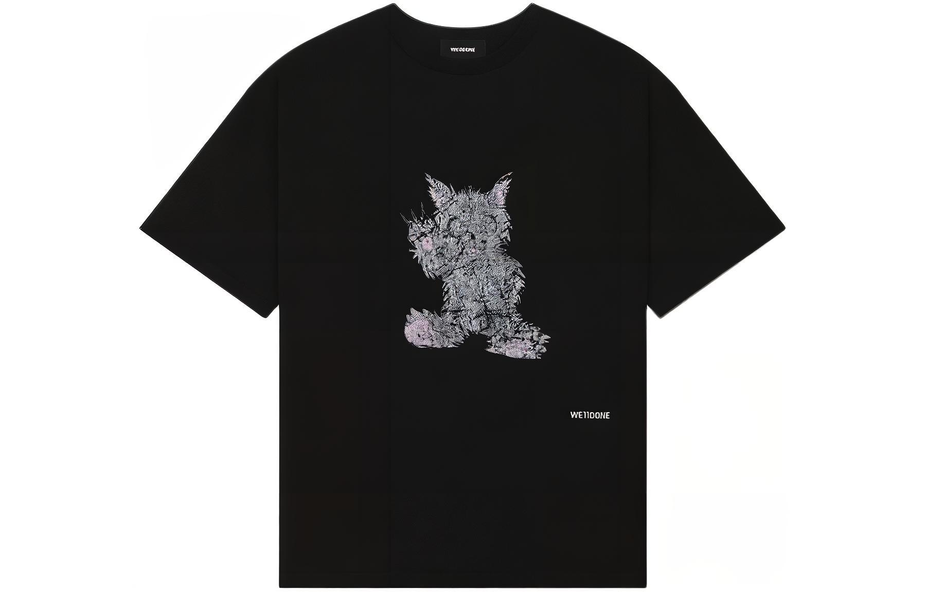 WE11DONE SS24 Black Grey Wolf Graphic Unisex Crewneck T-Shirt. WD-TT1-24-765-U-BK
