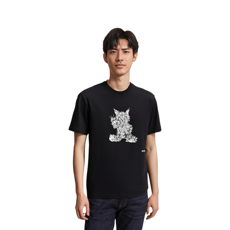 Sizing WE11DONE SS24 黑灰狼圖案中性款圓領T恤。 WD-TT1-24-765-U-BK