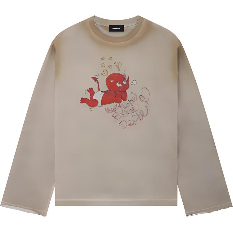 WE11DONE SS24 DirtyFit Little Devil Graphic Beige Unisex Long Sleeve T-Shirt. WD-TT1-24-744-U-BG