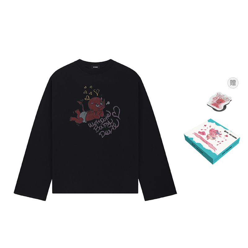 WE11DONE SS24 DirtyFit Little Devil Graphic Long Sleeve Tee Unisex Black WD-TT1-24-744-U-BK