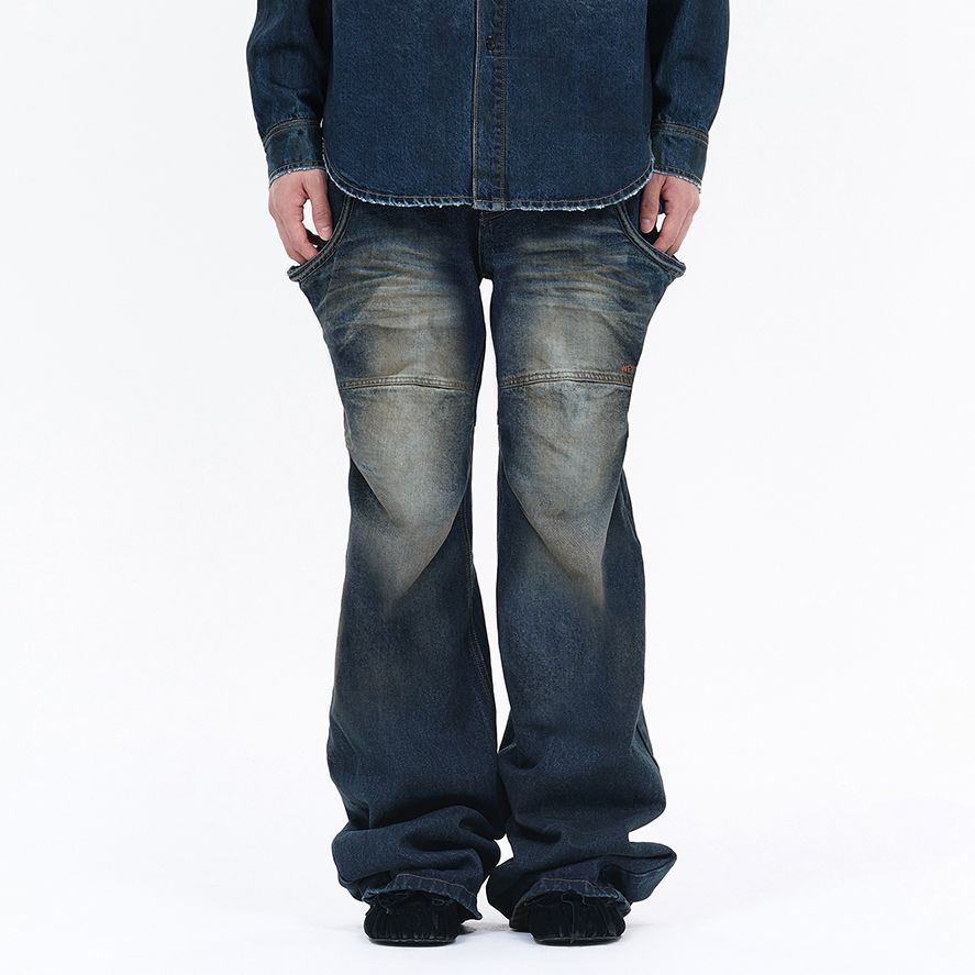 Shop WE11DONE SS24 仿舊直筒拉鍊牛仔褲 藍色 男士丹寧褲 WD-DP0-24-339-M-NV