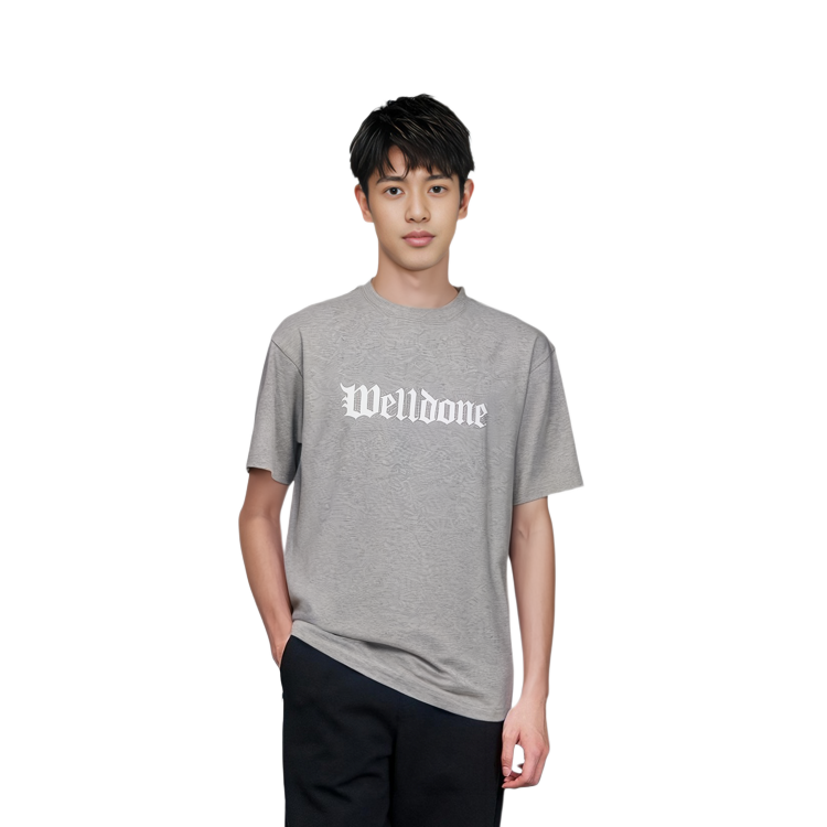 Shop WE11DONE SS24 哥德式Logo印花中性T恤 - 灰色 WD-TT0-24-899-U-MG