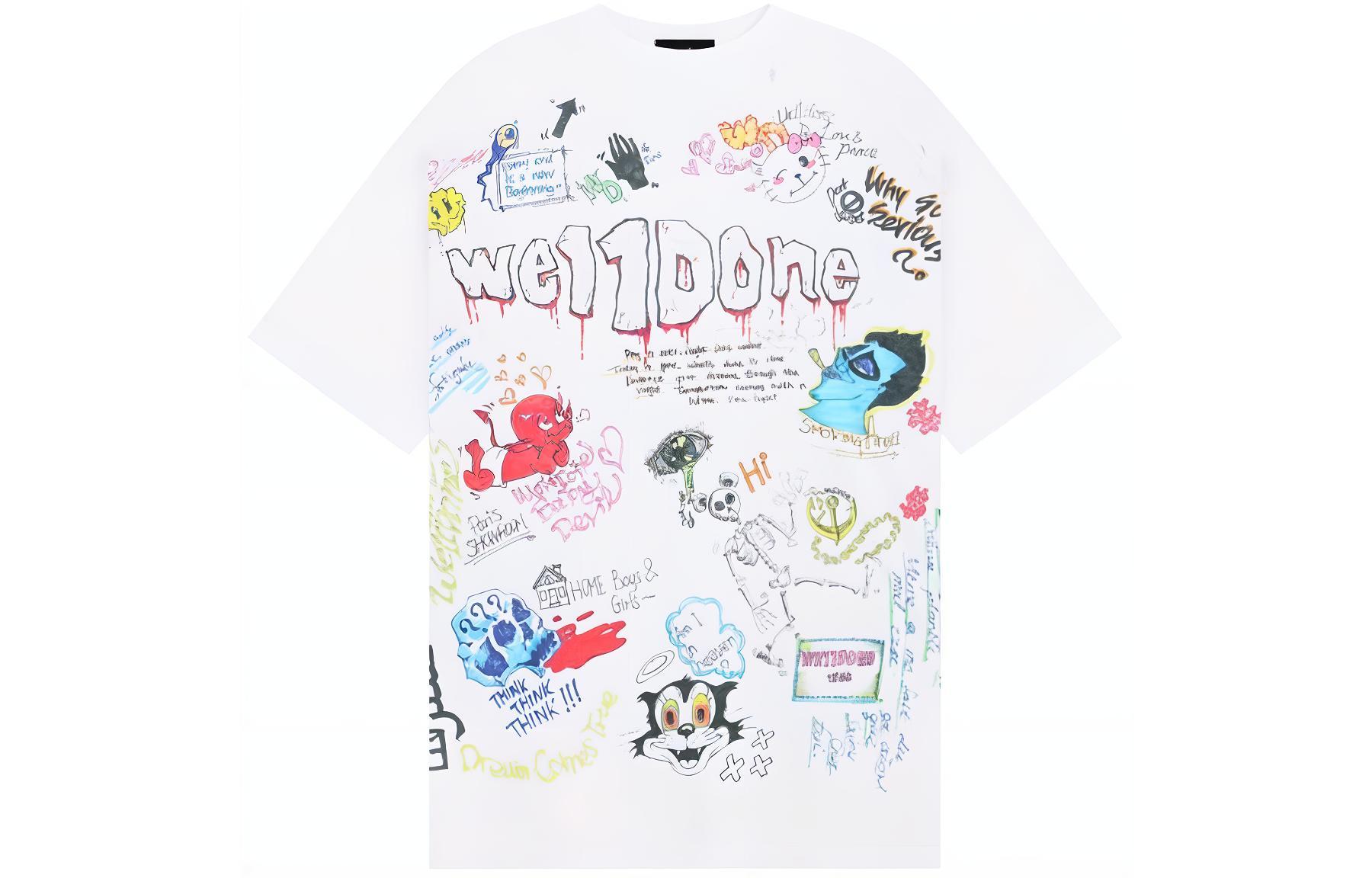 WE11DONE SS24 Graffiti Logo Print Unisex White Crewneck T-Shirt WD-TT1-24-729-U-WH