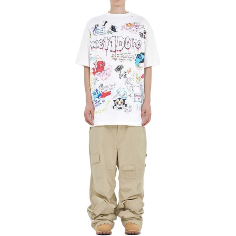 Shop WE11DONE SS24 塗鴉Logo印花男女款白色圓領T恤 WD-TT1-24-729-U-WH