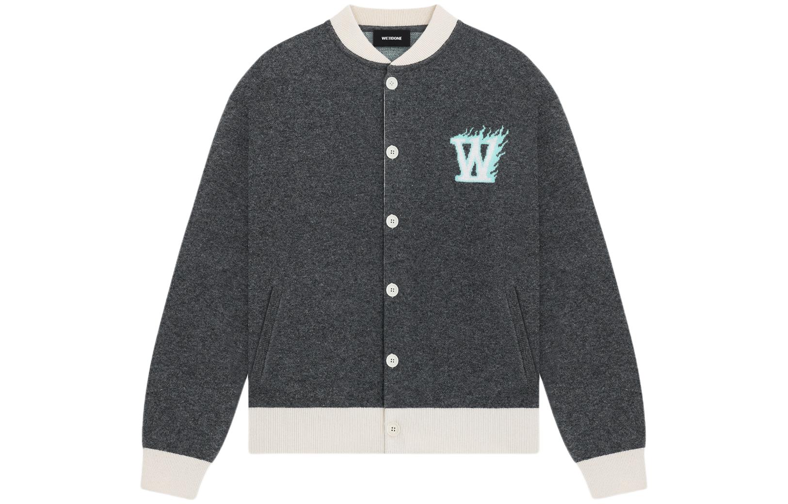 WE11DONE SS24 Grey Jacquard W-Logo Baseball Knit Jacket Unisex WD-KJ0-24-626-U-GY