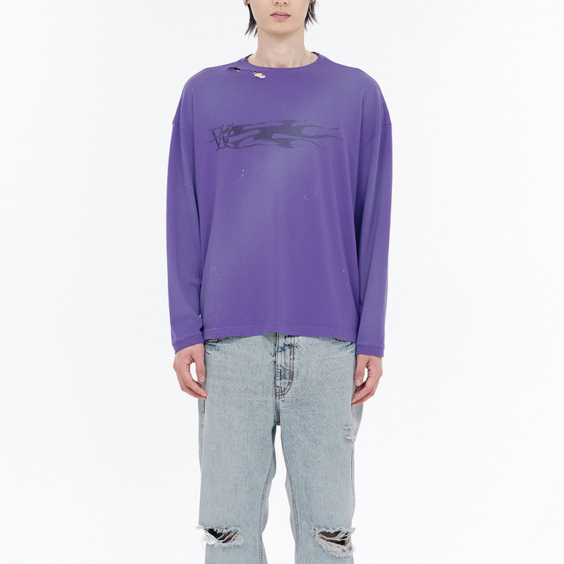 WE11DONE SS24 Metallic Print Distressed Splatter Oversized Long Sleeve Tee Purple WD-TT0-24-754-U-PP 圖 4