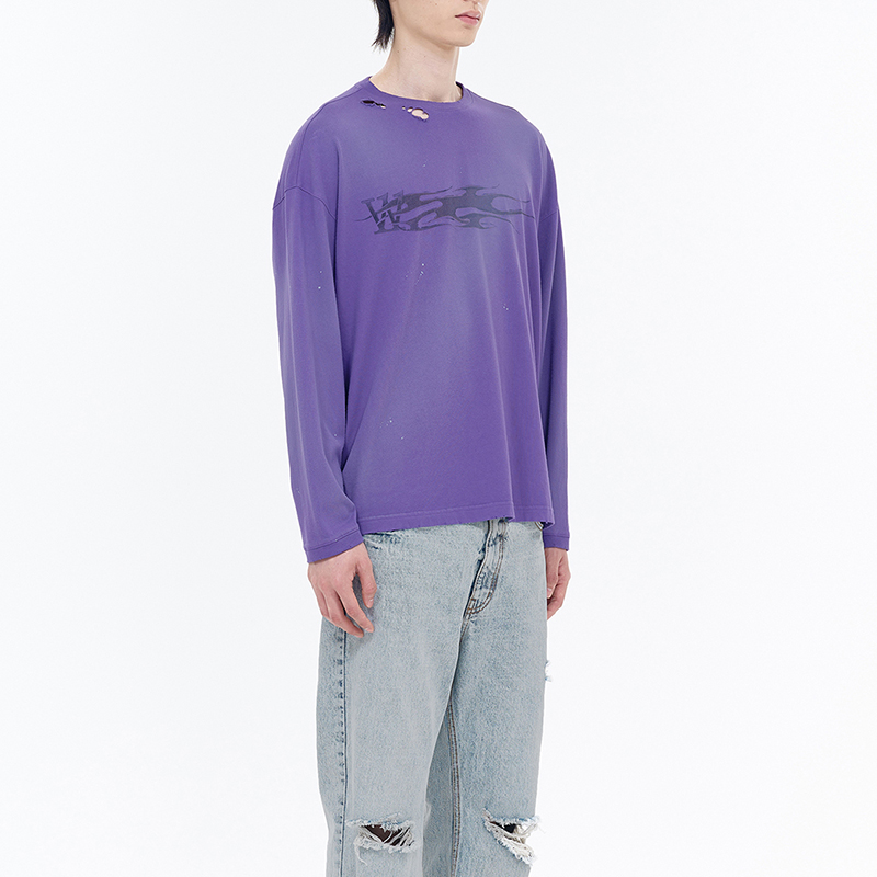 WE11DONE SS24 Metallic Print Distressed Splatter Oversized Long Sleeve Tee Purple WD-TT0-24-754-U-PP 圖 6
