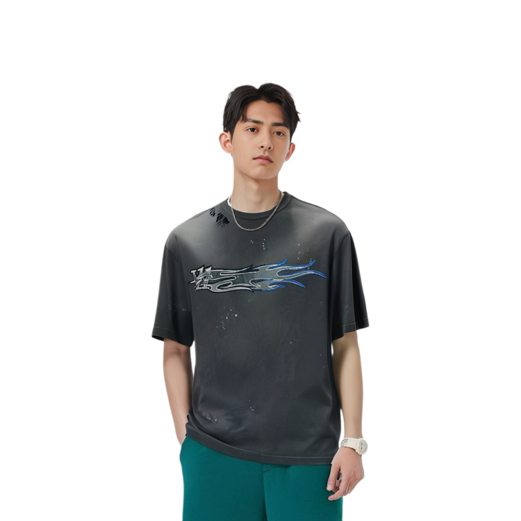 Shop WE11DONE SS24 金属感水洗宽松圆领男女同款短袖T恤 深炭灰色. WD-TT0-24-751-U-CH