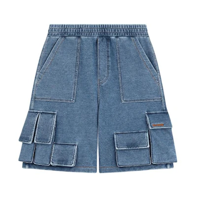 WE11DONE SS24 Multi-Pocket Washed Denim Cargo Shorts Unisex Blue WD-TA0-24-784-U-BL