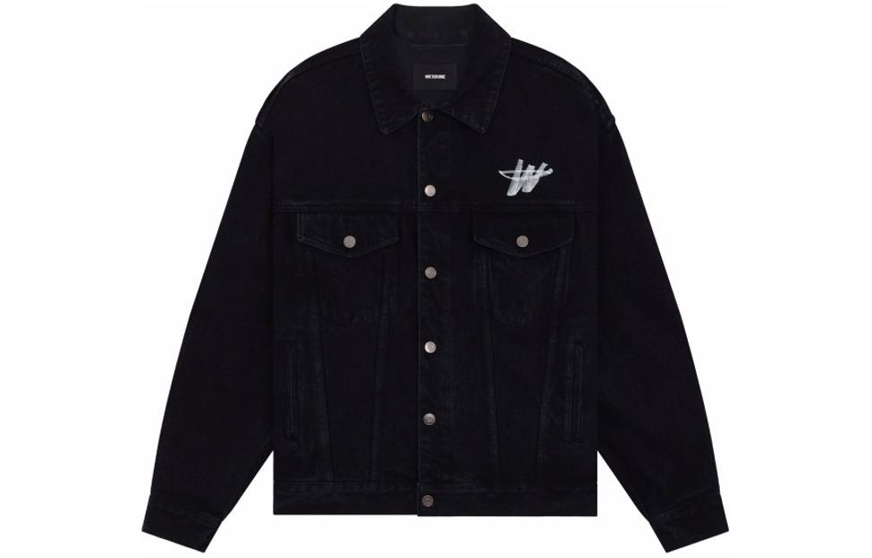 WE11DONE SS24 Unisex Black Denim Jacket with Colorblock Logo Print. WD-DJ1-24-372-U-BK