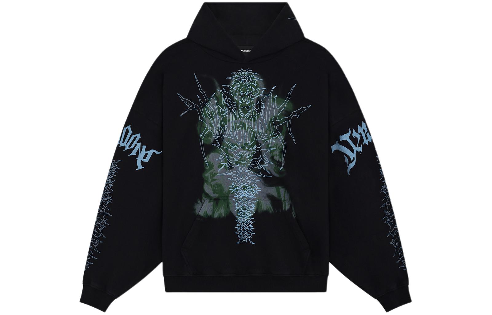 WE11DONE SS24 Unisex Black Hoodie with Skull Print Long Sleeves WD-TH1-24-722-U-BK