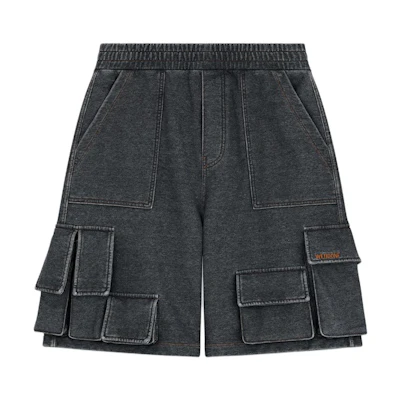 WE11DONE SS24 Unisex Black Washed Denim Elastic Waist Cargo Shorts WD-TA0-24-784-U-BK