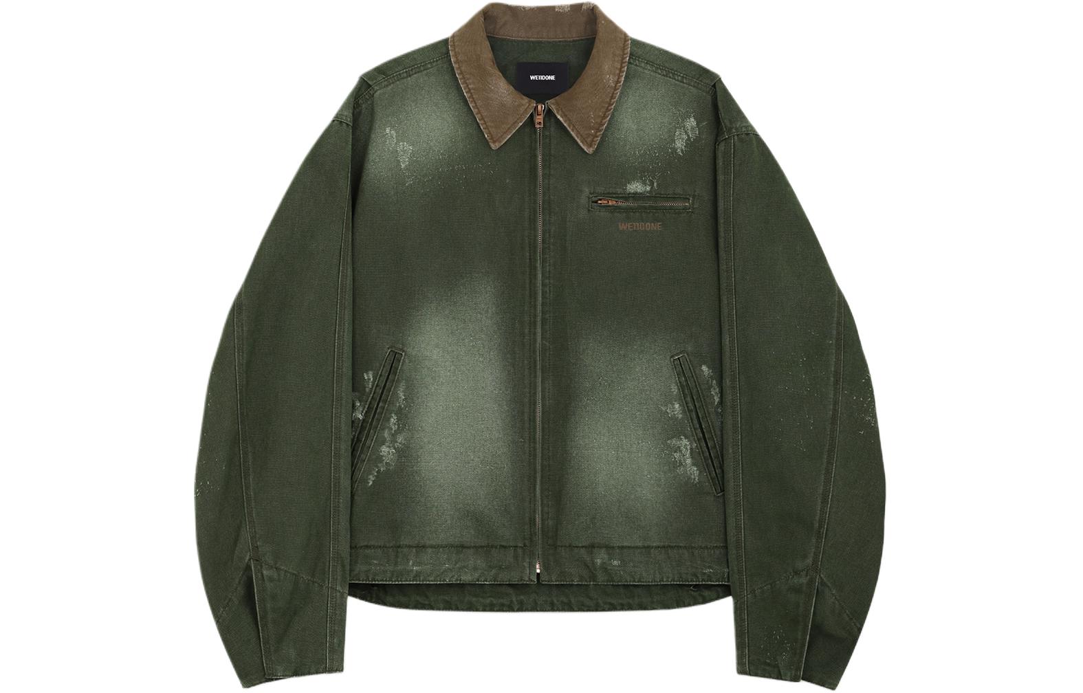 WE11DONE SS24 Vintage Oxford Logo Zip-Up Jacket Khaki Unisex Retro Style. WD-DJ0-24-381-U-KK