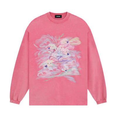 WE11DONE SS24 Washed Graphic Print Ribbed Crewneck Long Sleeve Tee Pink Unisex WD-TT0-24-727-U-PK