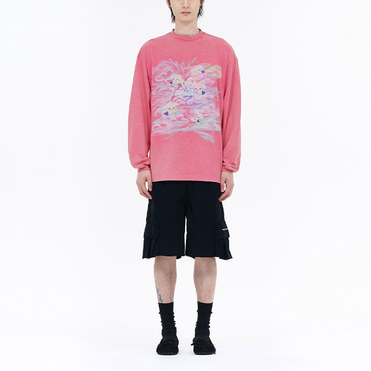 Shop WE11DONE SS24 水洗印花羅紋長袖圓領上衣 粉色 男女款 WD-TT0-24-727-U-PK