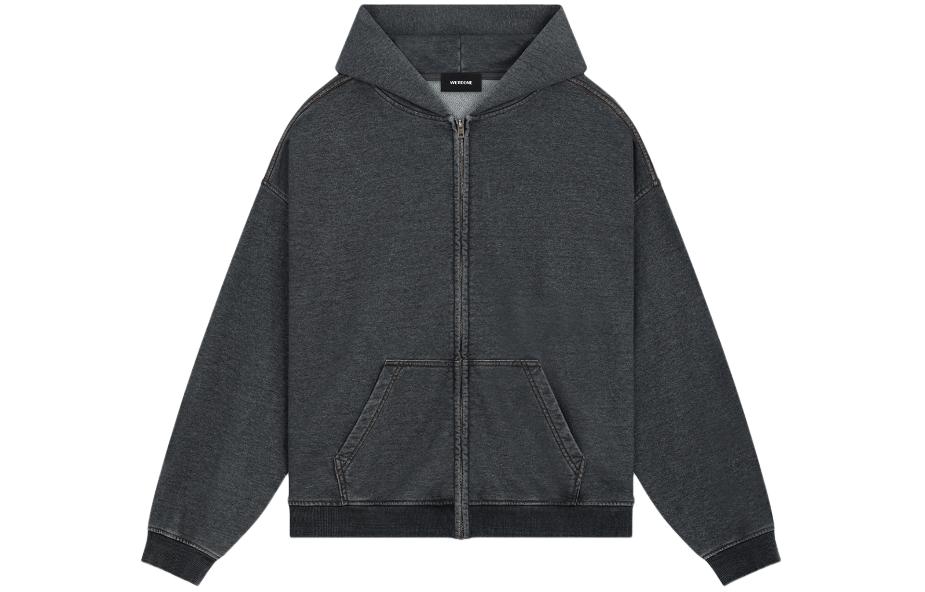 WE11DONE SS24 Washed Vintage Black Zipper Hoodie Unisex Sweatshirt. WD-TJ0-24-787-U-BK