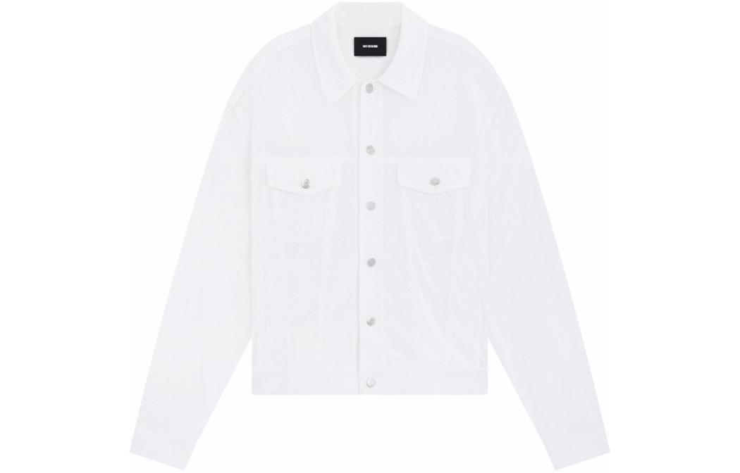 WE11DONE SS24 White Unisex Button-Up Jacket with Pockets and Collared Design. WD-JK1-24-041-U-WH