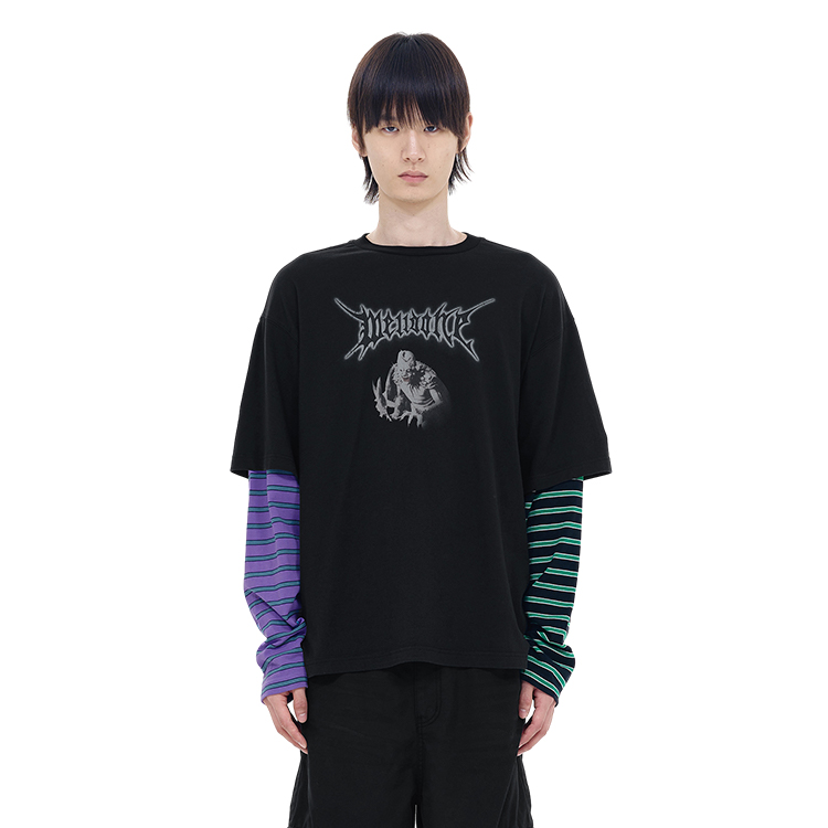 Shop WE11DONE 條紋字母印花長袖圓領T恤 男女同款. WD-TT0-24-877-U