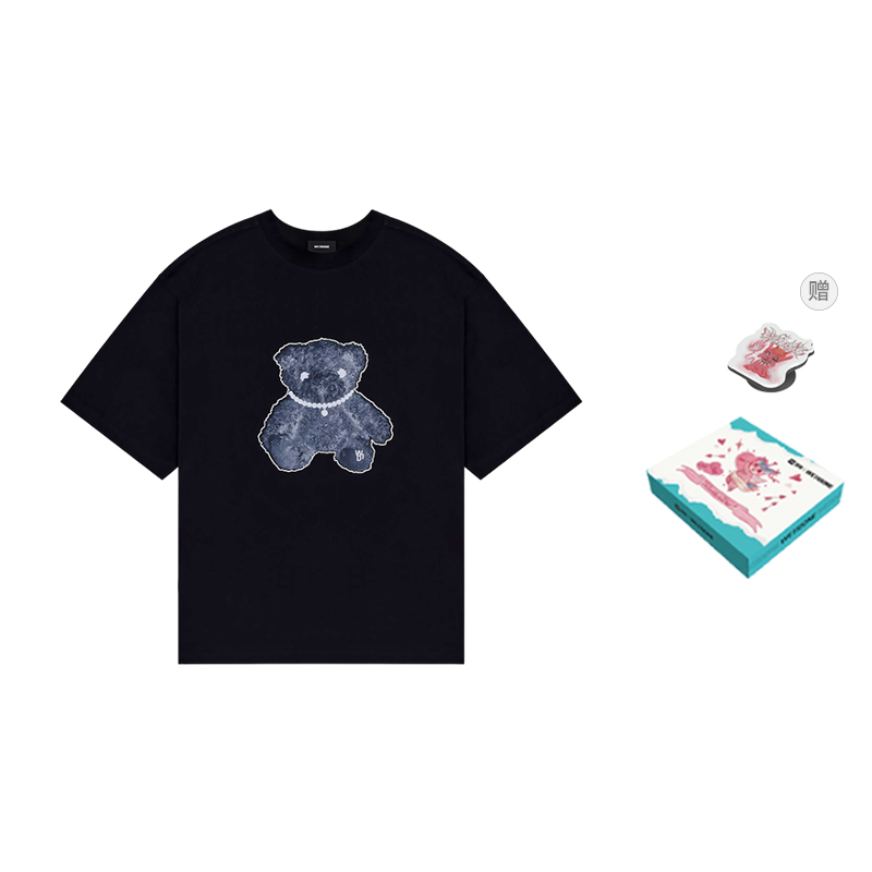 WE11DONE Teddy Bear Pearl Necklace Cartoon Print Reflective T-Shirt Black Unisex WD-TT9-20-117-U-BK