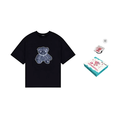 WE11DONE Teddy Bear Pearl Necklace Cartoon Print Reflective T-Shirt Black Unisex WD-TT9-20-117-U-BK