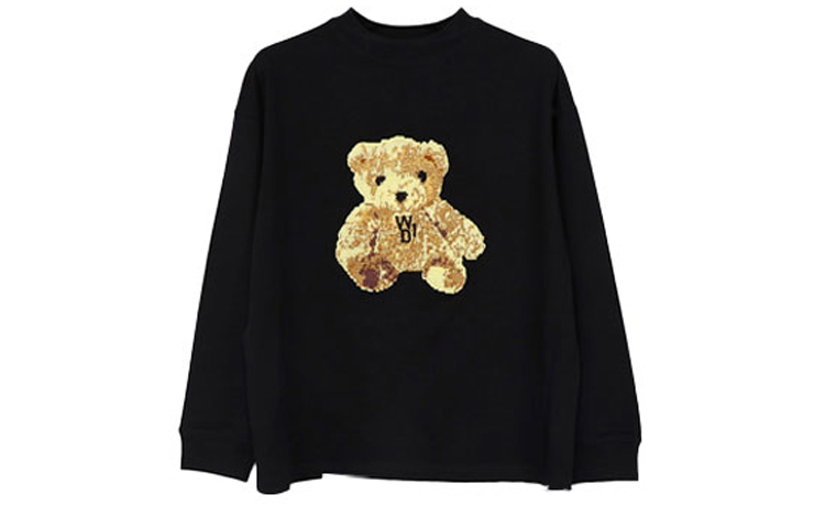 WE11DONE Unisex Black Long Sleeve T-Shirt with Bear Embroidery. WD-TT9-20-121-U-BK
