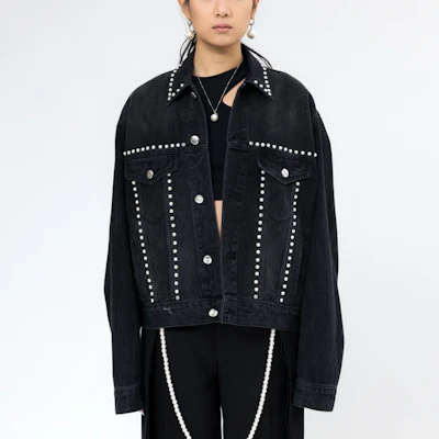 WE11DONE Unisex Black Pearl-Embellished Denim Jacket WD-DJ9-20-061-U-BK Lookbook WE11DONE Unisex Black Pearl-Embellished Denim Jacket WD-DJ9-20-061-U-BK
